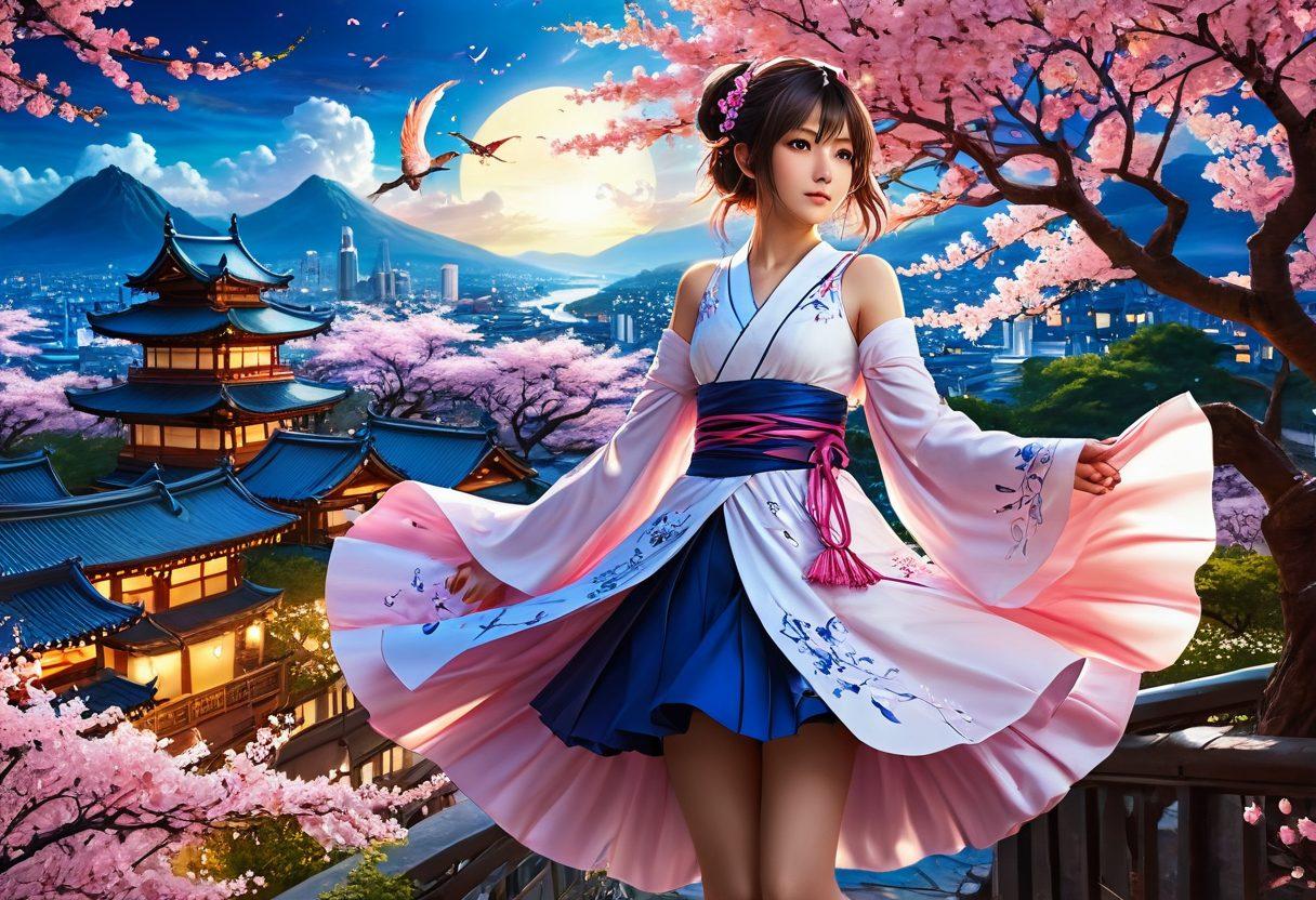 A visually striking illustration depicting a captivating anime character in a stylish pose, surrounded by elements representing mature themes like romance and adventure. The background features a blend of dynamic cityscape and fantasy landscapes, symbolizing the journey from animation to real-world attraction. Incorporate vivid colors, intricate details, and a sense of depth to enhance the allure. Include soft glowing lights to create an engaging atmosphere. super-realistic. vibrant colors. 3D.