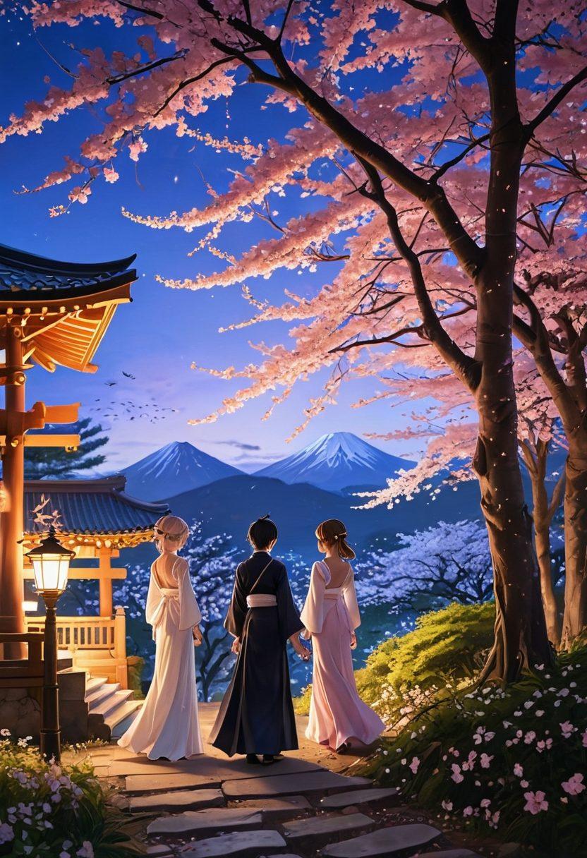 A captivating scene featuring a diverse group of beautifully designed anime characters in sultry poses, surrounded by a dreamy, seductive landscape filled with cherry blossom trees and soft, glowing lights. The characters should showcase different styles and expressions that evoke allure and mystery. The background should include soft hints of traditional Japanese architecture to enhance the cultural theme, all while maintaining a vibrant color palette. super-realistic. vibrant colors. enchanting background.
